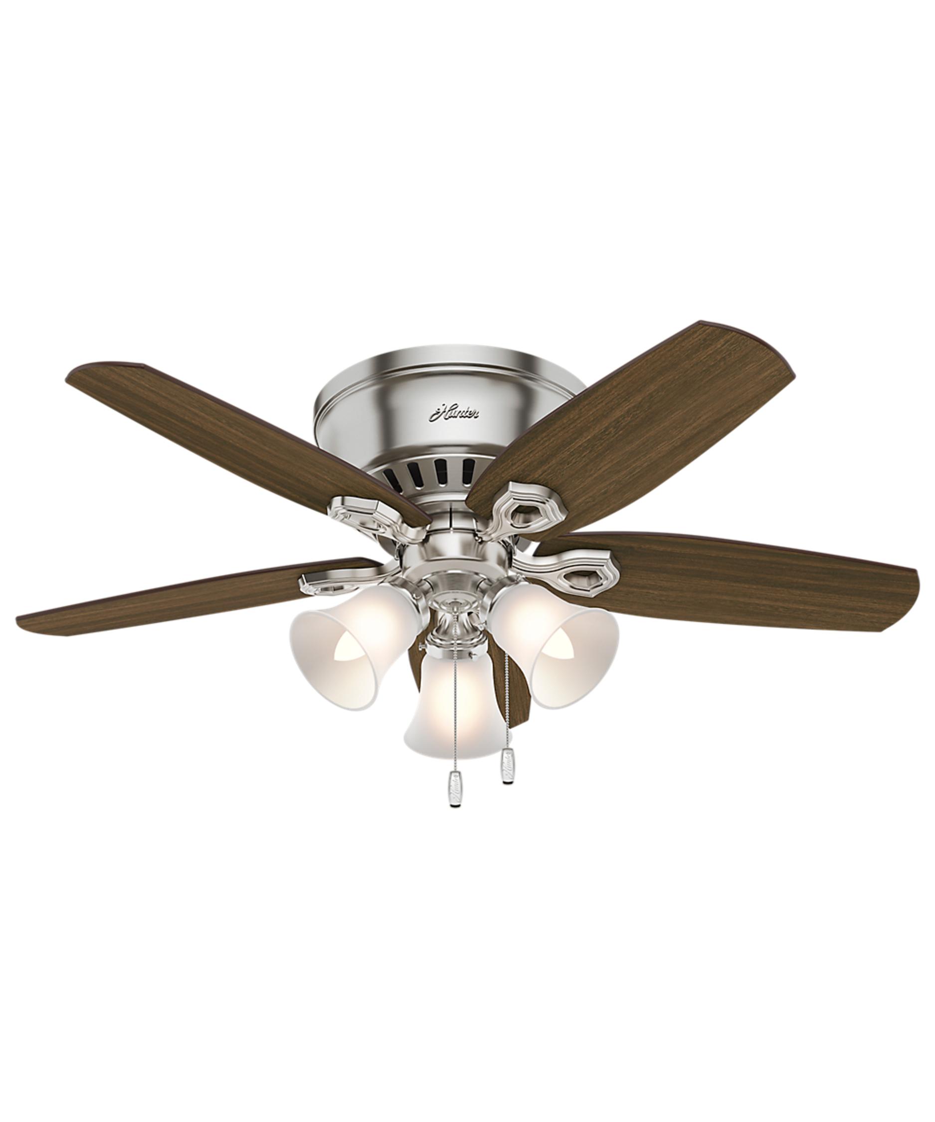 Hunter Fan Builder Low Profile 42 Inch 5 Blade Ceiling Shown In Brushed Nickel Finish And Cased White Glass